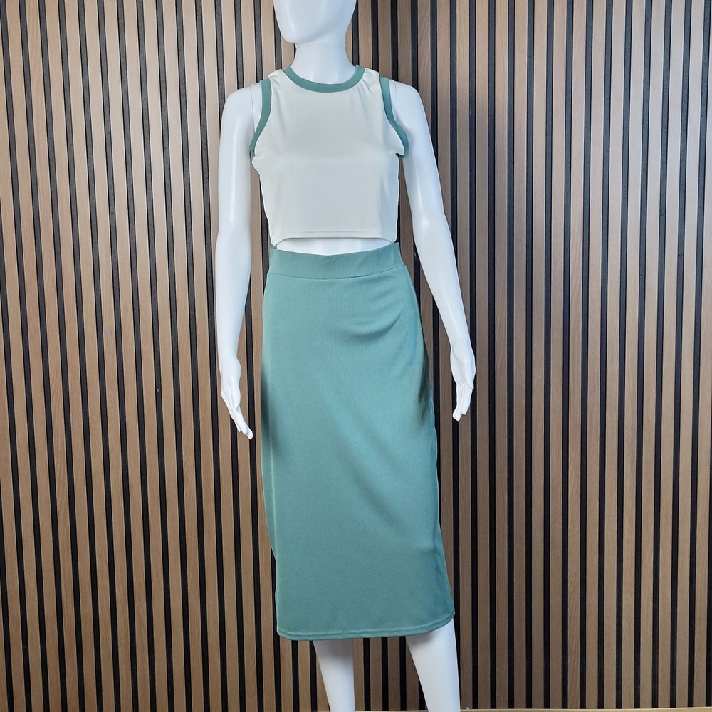 2 Piece Set Ribbed Crop Top and Midi Skirt Sage Green and Ivory Size M
